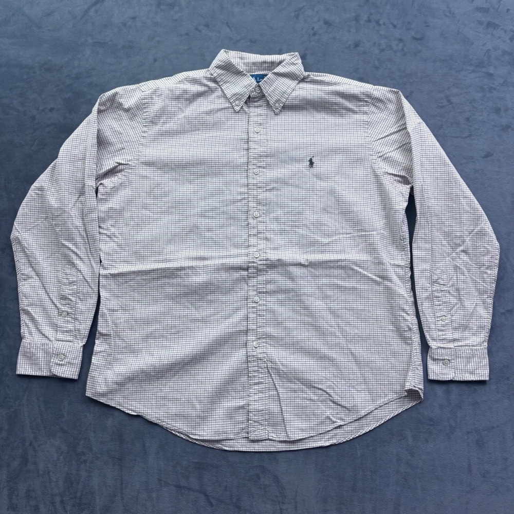 Ralph Lauren Mens Large Button Down Shirt Tattersall Check Long Sleeve White Red